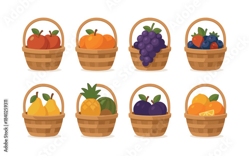 Fruit basket collection, apples, oranges, berries, flat vector illustration
