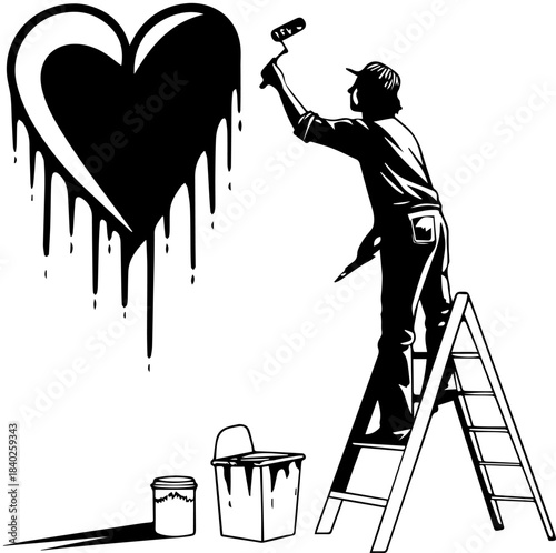 Street Artist Painting Heart – Black and White Art
