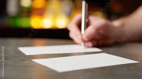 New Year wishes being written on blank cards with pen in warm, softly lit setting creating cozy and thoughtful atmosphere