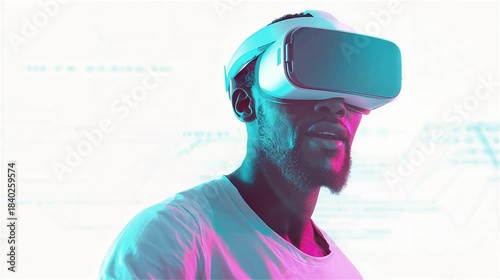 Portrait of a young African American man wearing a VR headset, immersed in a digital virtual reality experience with vibrant neon blue and pink lighting effects.