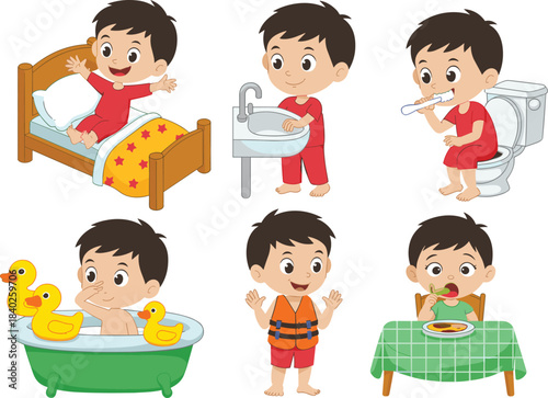 Cartoon boy daily routine illustration, waking up, washing hands, brushing teeth, bathing, eating, hygiene, self-care, childhood, vector graphic
