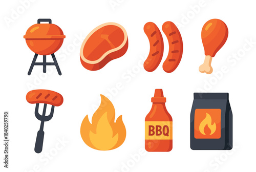 Grill and barbecue icon set, flat vector illustration, steak, sausage, bbq