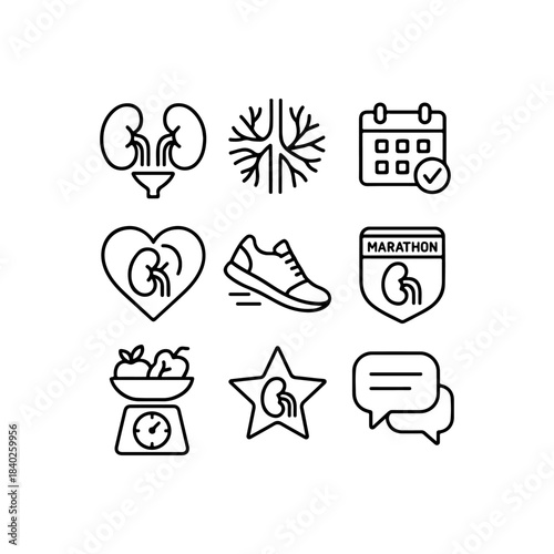 Kidney health and active lifestyle outline icons set for web design