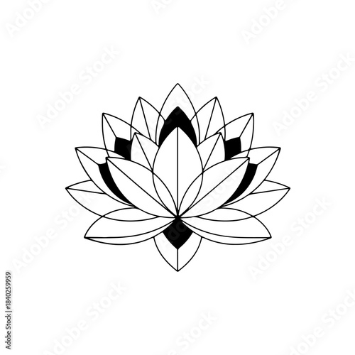 Stylized black outline lotus flower with geometric petals, a clean symbol for purity, peace, growth, and enlightenment design. isolated on transparent background