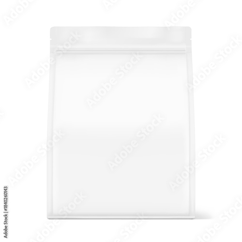 Vertical flat bottom gusset bag mockup for food, sport nutrition. Front view. Vector illustration isolated on white background. Can be use for template your design. EPS10.