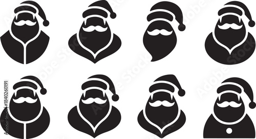 Eight Black Silhouette Icons of Santa Claus Faces with Hats and Beards Keywords: Santa Claus, Christmas, holiday, festive, icon, symbol, winter, character, beard, mustache, hat, silhouette, black