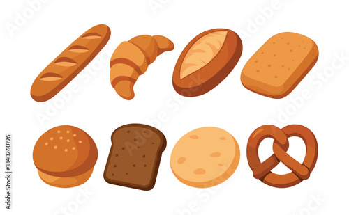 Bakery breads set, loaf, croissant, pretzel, and rolls, flat vector illustration