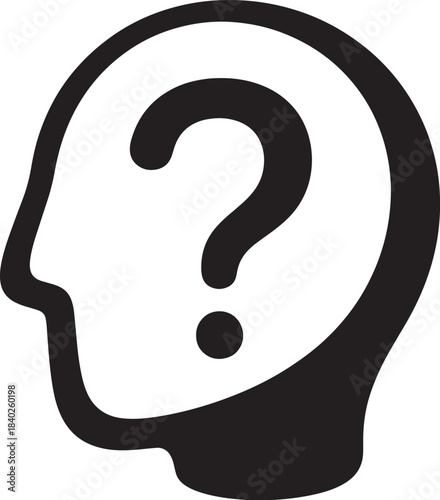 Thinking Head Icon with Question Mark – Human Mind, Curiosity, Psychology, FAQ, and Idea Concept Symbol in Solid Silhouette Style for UI, Education, and Vector Illustrations