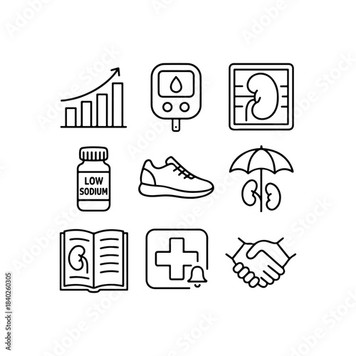 Kidney health, diabetes, diet, and exercise medical icon set