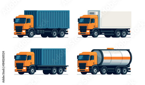 Truck fleet, cargo, delivery, tanker, flat vector illustration