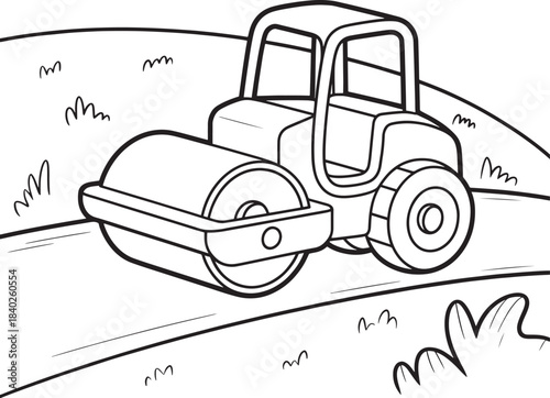 road roller ready for construction coloring page fun A black and white line drawing