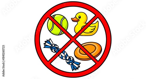 Prohibition of Pet Toys Depicted With Red Circle and Cross Symbol In Flat Design Format
