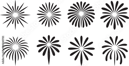 Eight Black Silhouette Icons of Stylized Fireworks or Starbursts on White Background Keywords: fireworks, starburst, explosion, celebration, festive, holiday, event, abstract, graphic, design