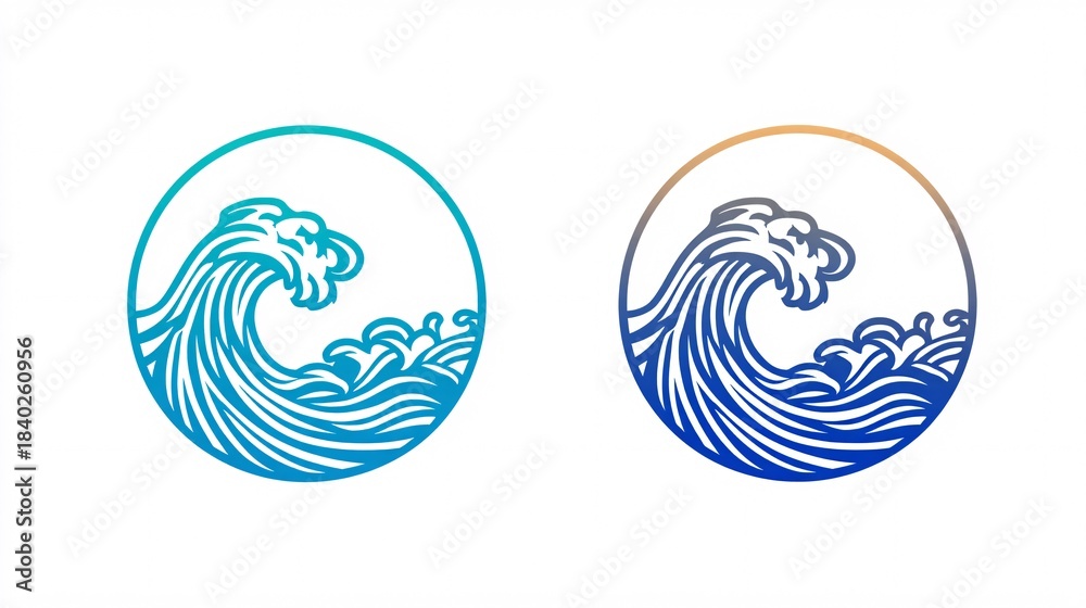 Fototapeta premium Minimalist circular ocean wave icons in blue and teal tones on white background