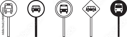 Bus Stop Sign Icon Set – Public Transport Symbols with Bus and Minibus Graphics in Outline, Geometric, and Solid Silhouette Styles for Transit Maps, City Navigation, and Vector Illustrations