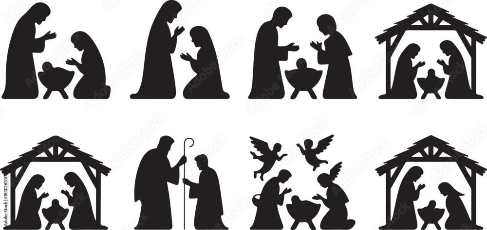 Obraz premium Eight black silhouette nativity scene illustrations with variations on a white background Christmas Jesus