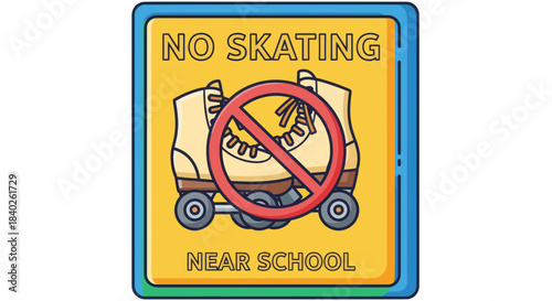Prohibition Sign Illustrating Roller Skates Icon: No Skating Allowed In Close Proximity To School