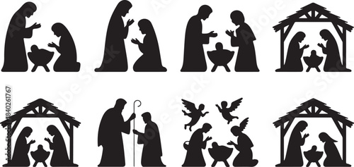 Eight black silhouette nativity scene illustrations with variations on a white background Christmas Jesus