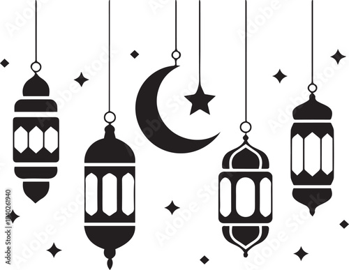 Black hanging lanterns and moon illustration