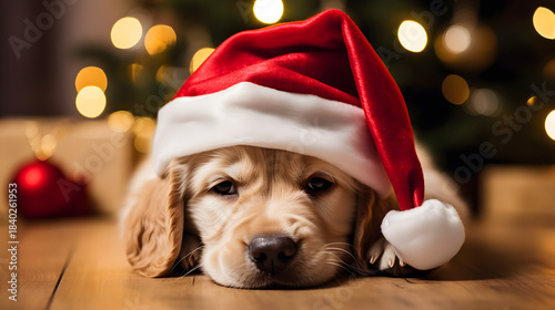 Festive Golden Retriever Puppy in Santa Hat – Holiday Season Pet Image