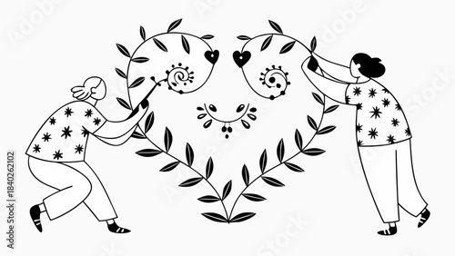Two people collaboratively create a large heart shape using decorative floral branches and leaves in a whimsical line art style