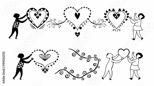 Whimsical black and white silhouettes of people holding hearts and decorative flourishes