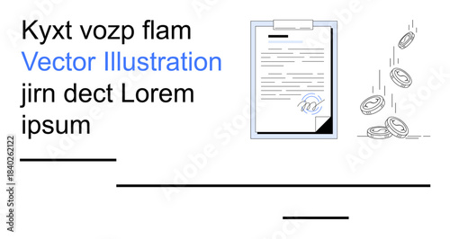 Financial transactions, digital security, data authentication, money management, economy, wealth management. Document with security mark and falling coins. Financial transactions and digital security
