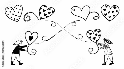 Two people connect with hearts and dotted lines symbolizing love and communication across a distance