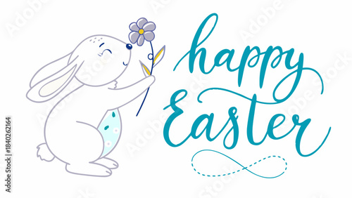Cute cartoon bunny holding a flower with happy easter text in calligraphy on a white background