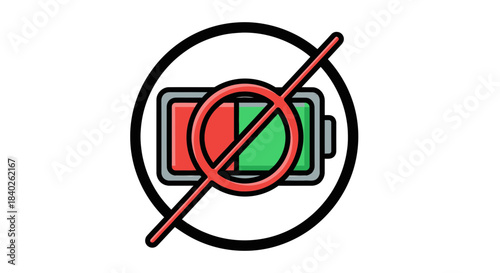 Prohibited Power Source Icon: Illustration of Battery Status Indicator Blocked, No Charging, Stop