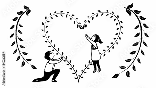 Two children reaching for leaves on a heart shaped vine symbolizing love and growth