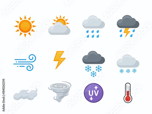 Modern Weather Icon Set – Clean Minimalist Vector EPS, Gradient Style -  forecast, climate, sunny, cloud, cloudy, rain, rainy, storm, thunder, lightning, snow, snowy, wind, windy, fog, foggy, tornado,
