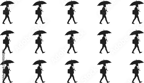 Walking person silhouette with umbrella, urban pedestrian vector pattern, rainy day commute, black figure icon, seamless design for stock illustration