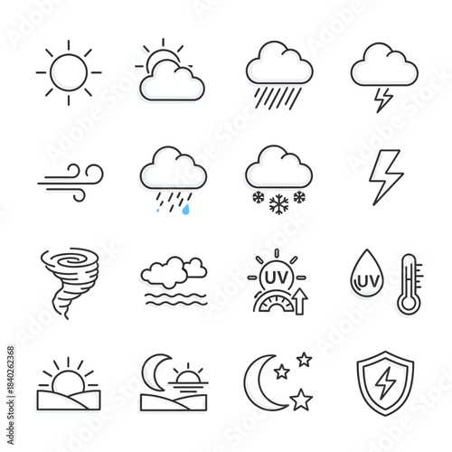 Modern Weather Icon Set – Clean Minimalist Vector EPS, Gradient Style -  forecast, climate, sunny, cloud, cloudy, rain, rainy, storm, thunder, lightning, snow, snowy, wind, windy, fog, foggy, tornado,