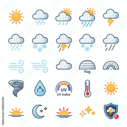 Modern Weather Icon Set – Clean Minimalist Vector EPS, Gradient Style -  forecast, climate, sunny, cloud, cloudy, rain, rainy, storm, thunder, lightning, snow, snowy, wind, windy, fog, foggy, tornado,