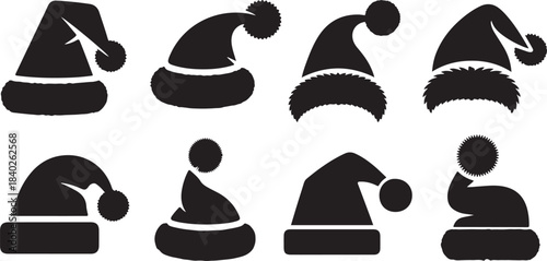 Eight black silhouette Santa hats with different pom-pom and fur trim styles Keywords: Santa hat, silhouette, black, white background, Christmas, holiday, festive, winter, accessory, headwear