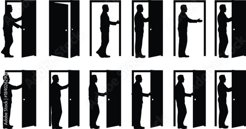 Silhouette person opening door sequence, black profile motion, entry exit concept, minimal vector illustration, human interaction, isolated design, step-by-step action