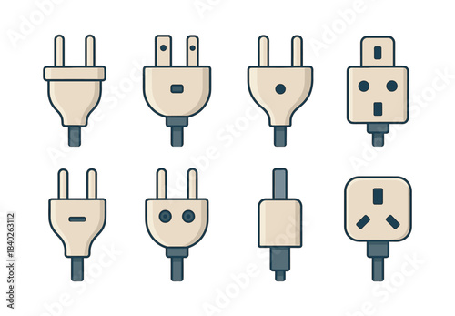 Electrical plug types set, connectors and adapters, flat vector illustration