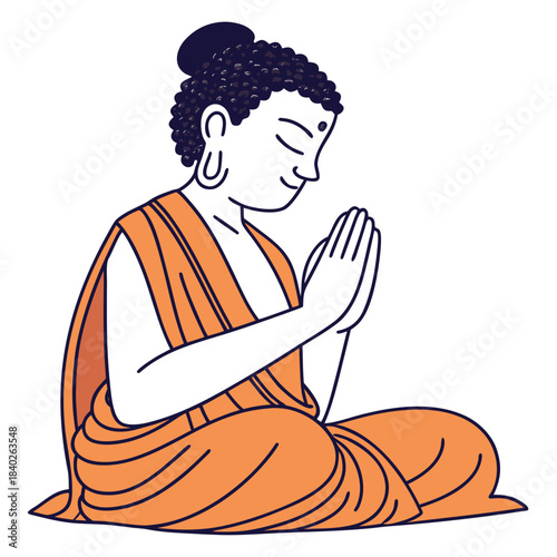 Stylized Buddha figure in orange robe, seated in meditation with hands in prayer, symbolizing peace and mindfulness.