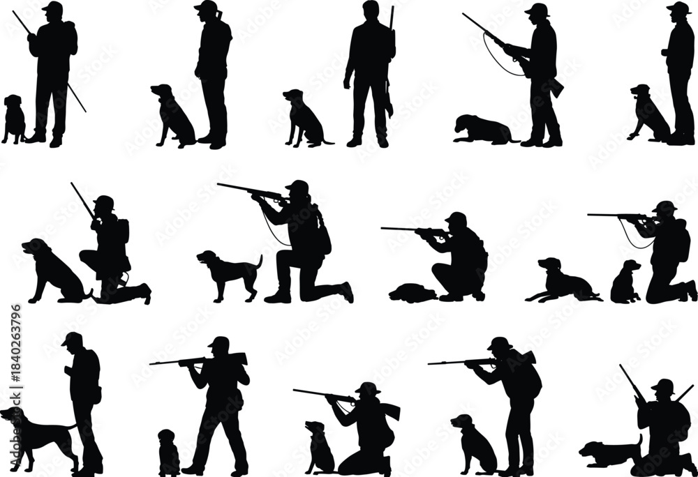 Obraz premium Hunter and dog silhouettes, rifle poses, hunting activity icons, black vector set, outdoor sport clipart, wildlife tracking, hunting scene graphics