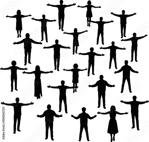 Isolated a kinds of deferent Black vector silhouettes of woman and man standing with spread arms vector art with white background.