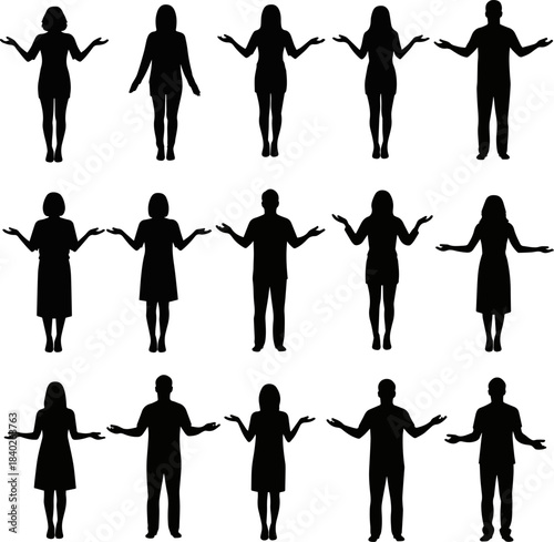 Isolated a kinds of deferent Black vector silhouettes of woman and man standing with spread arms vector art with white background.