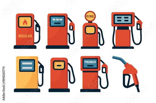 Gas station vector illustration, fuel pumps, petrol and diesel, flat vector style