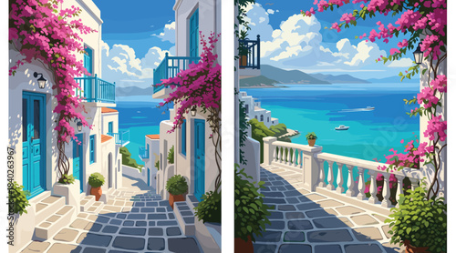 Set of two vibrant Mediterranean scenes of white stucco greek island architecture, featuring stone pathways, blue sea, balconies, and bright pink bougainvillea flowers, vector art.