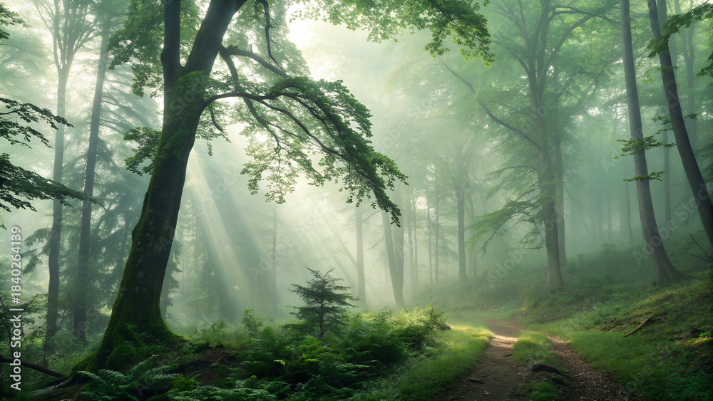 Obraz premium Morning sunlight illuminates a misty forest path through green autumn leaves and trees
