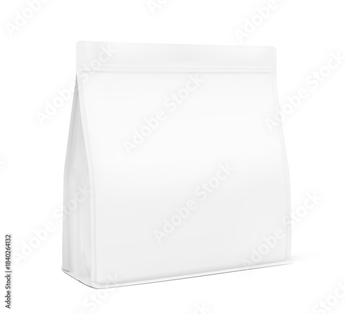 Vertical flat bottom gusset bag mockup for food, sport nutrition. Half side view. Vector illustration isolated on white background. Can be use for template your design. EPS10.