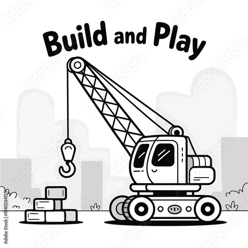 Cartoon construction crane lifting building blocks fun playtime scene artwork