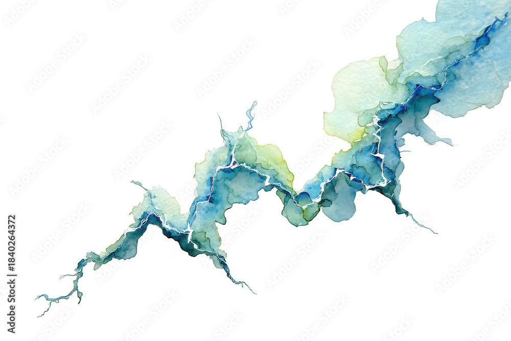 Obraz premium Abstract watercolor lightning bolt or river stream with blue green white textured paint effect isolated on transparent background
