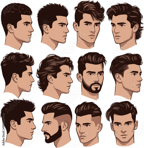 Isolated a kinds of deferent Man realistic modern hair cut vector art with white background.