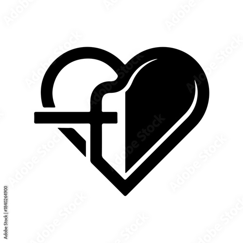 Stylized black and white icon featuring a heart shape with a unique abstract symbol resembling a combined 'f' and cross design. isolated on transparent background